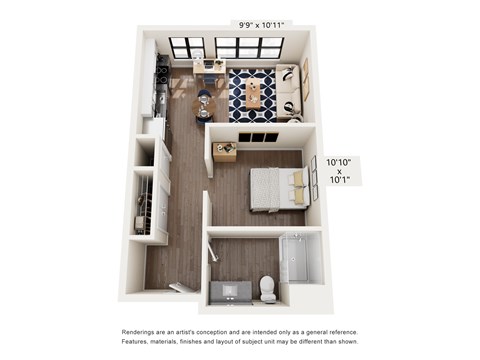 Floor plan for studio, 1 bath, 567 sqft